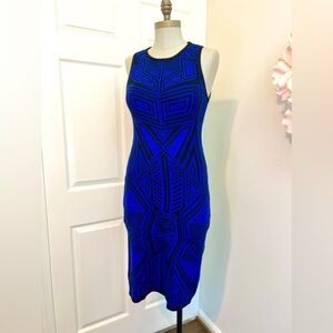 NWOT Forever 21 Black Blue GeO Print Knit Bodycon Stretch Women’s Dress Large